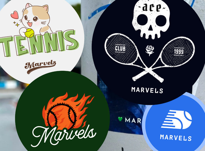 Collection of Marvels branded stickers including a tennis ball, skull design, and logos on various backgrounds.