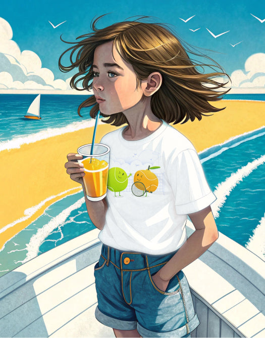 Artwork of a kid on a beach in summer wearing the Bodrum tennis t-shirt