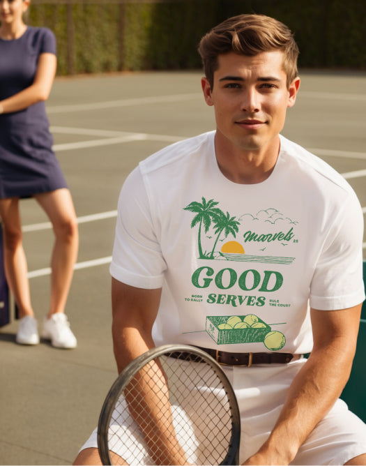 Man on a tennis court wearing the Good Serves t-shirt