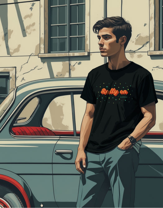 Artwork of man standing by a vintage car wearing the Rally On t-shirt