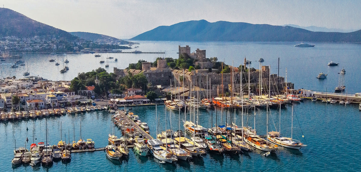 A scenic harbor view with numerous sailboats and yachts docked in a marina, a historic stone fortress on a small island, and blue water with mountains in the background.