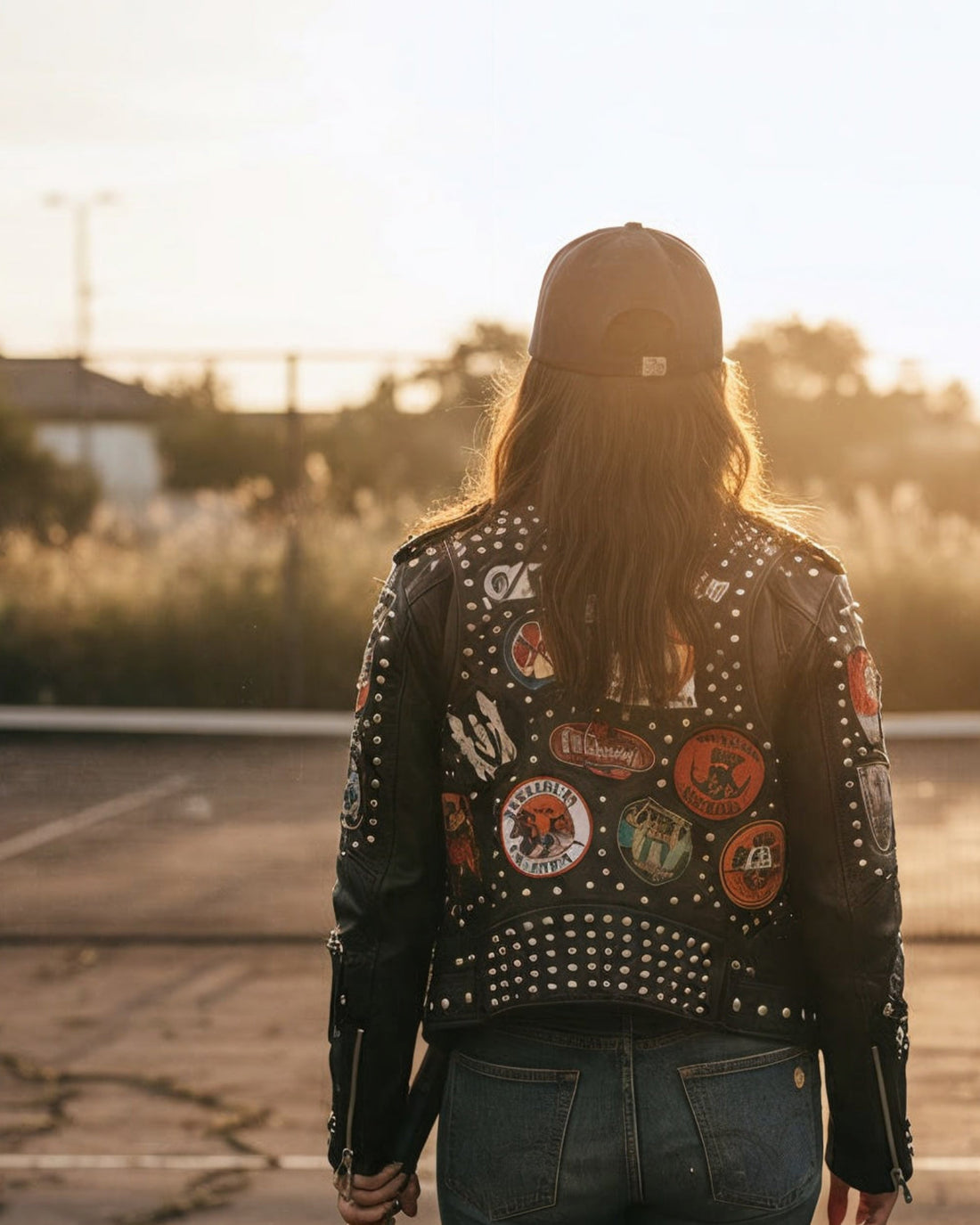 Person wearing a black leather jacket with patches and studs, standing in an abandoned tennis court at sunset.