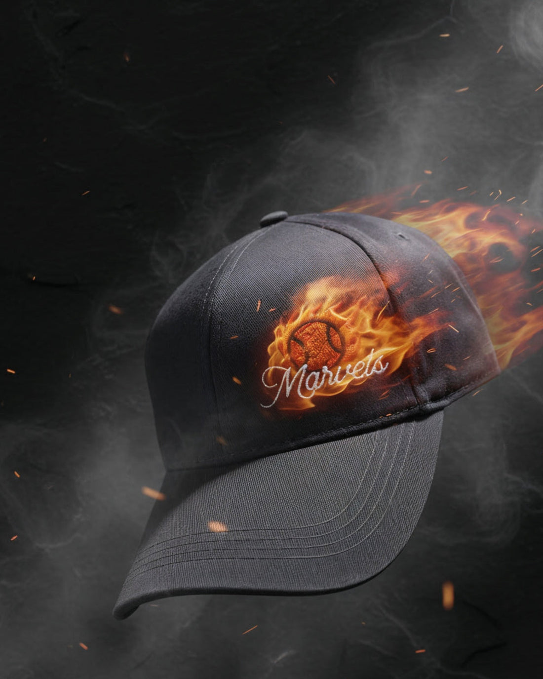 Black cap with fiery Marvels logo on a dark background