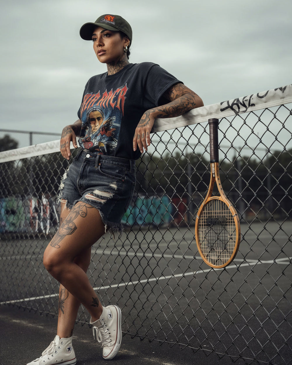Person leaning against a tennis court fence with a racket, wearing a graphic t-shirt and cap.