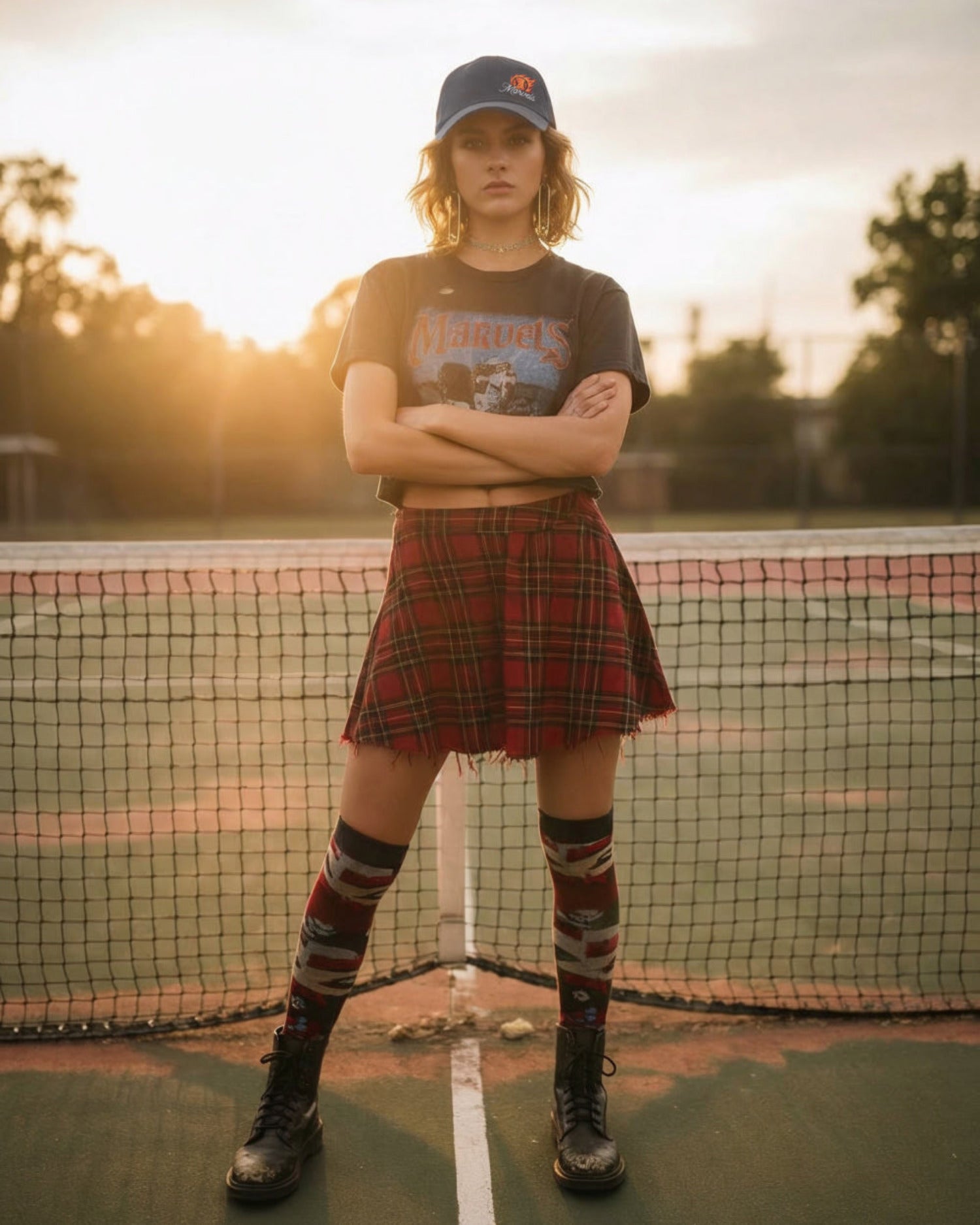 Person standing on a tennis court wearing a plaid skirt and graphic t-shirt with a sunset in the background.