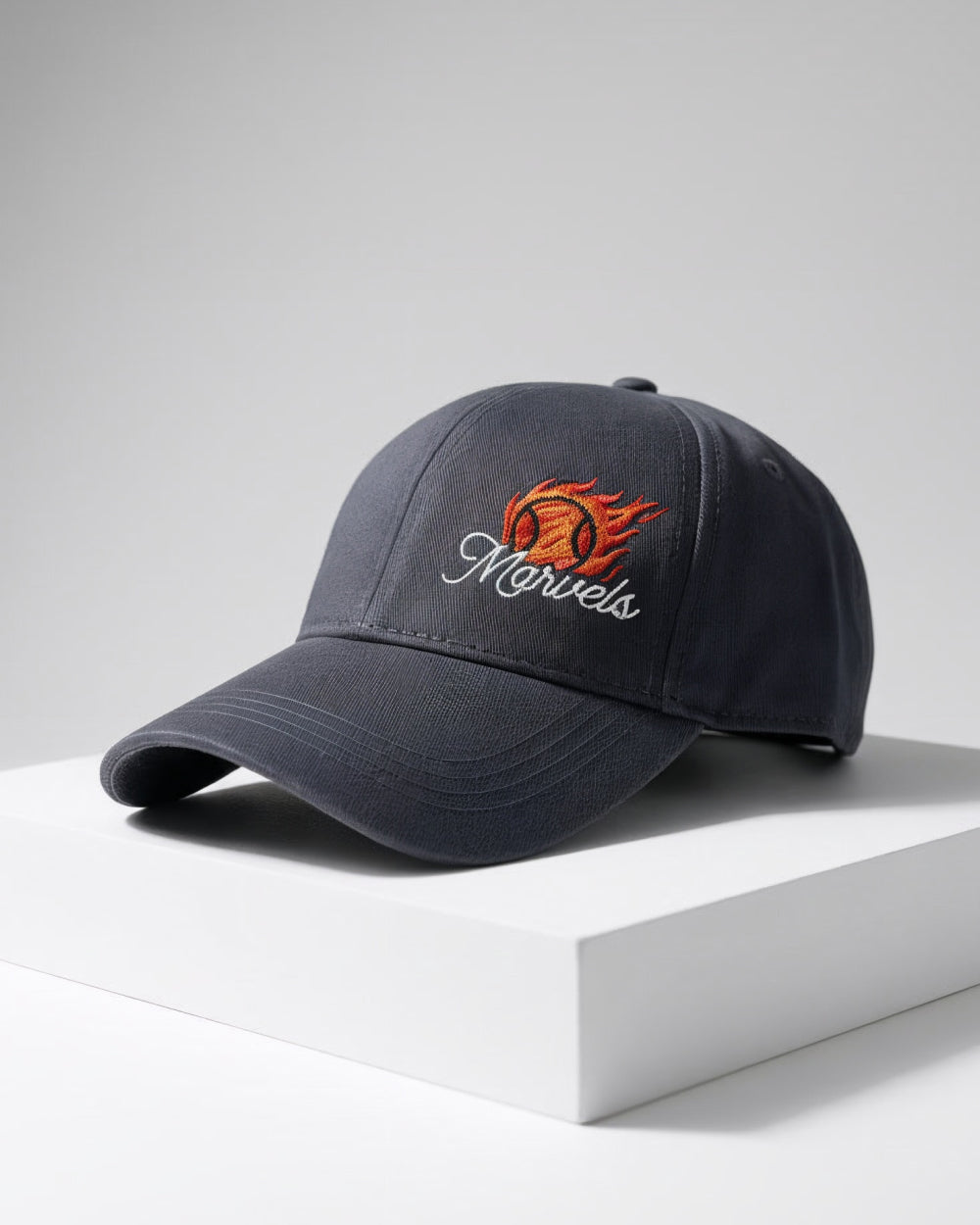 Slate gray cap with embroidered logo on a white surface