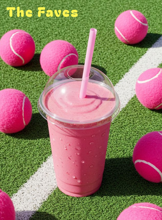 Pink smoothie in a cup with a straw, surrounded by pink tennis balls on a grass-like surface. Title text reads, 