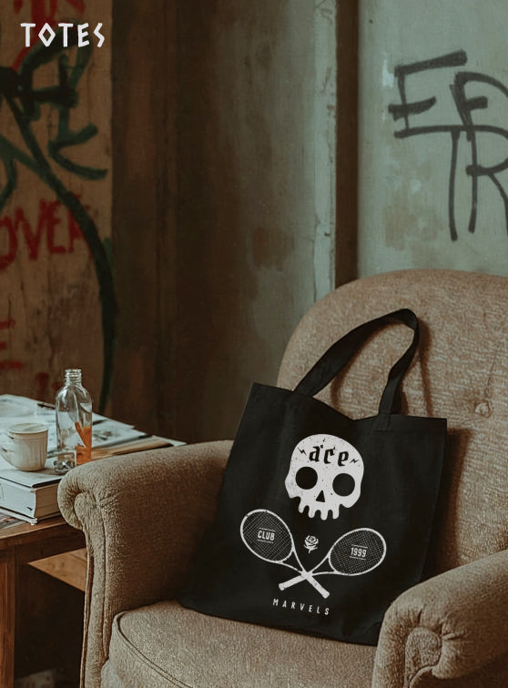 Person holding a light-colored tote bag on a tennis court. Title text reads, 