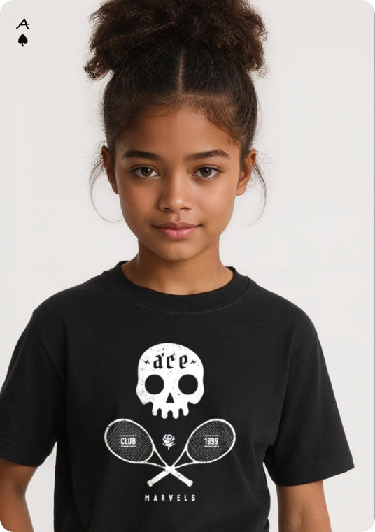 Kid wearing a white t-shirt with a tennis-themed graphic design on a plain background