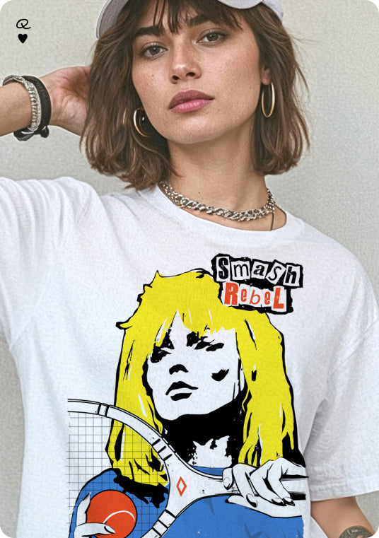 Person wearing a white t-shirt with a graphic design of a character holding a tennis racket, with text 