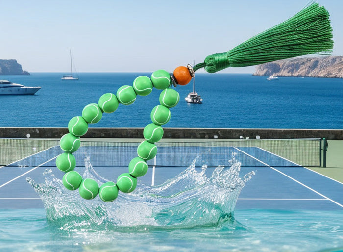 Green tennis prayer beads with a tassel on a black background