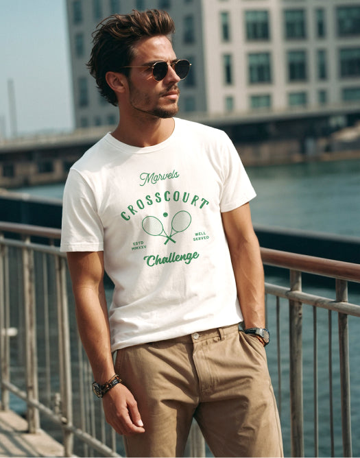 Man on a bridge wearing the Crosscourt Challenge t-shirt