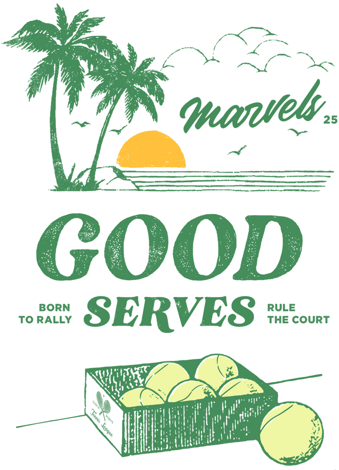 Vintage-style advertisement with tennis balls, palm trees, and a sunset, featuring the brand 'Marvels'.
