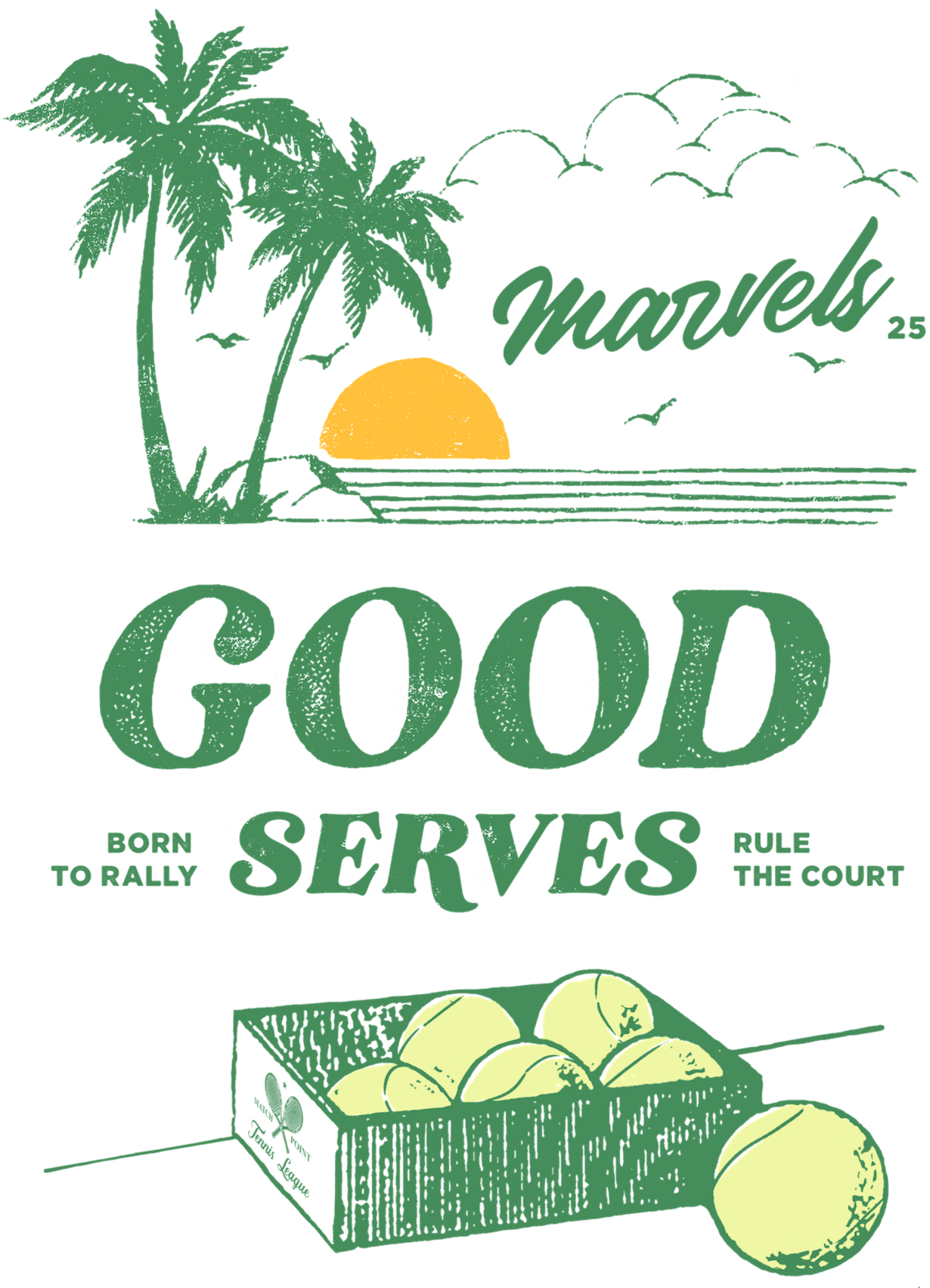 Vintage-style advertisement with tennis balls, palm trees, and a sunset, featuring the brand 'Marvels'.