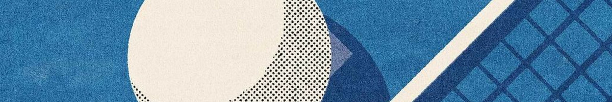 A close-up graphic of a white tennis ball with a black-and-white dotted pattern, positioned over a blue tennis court background with a net visible on the right side.