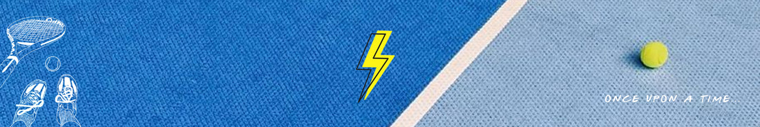 Graphic artwork of a tennis court surface with a lightning bolt stencil