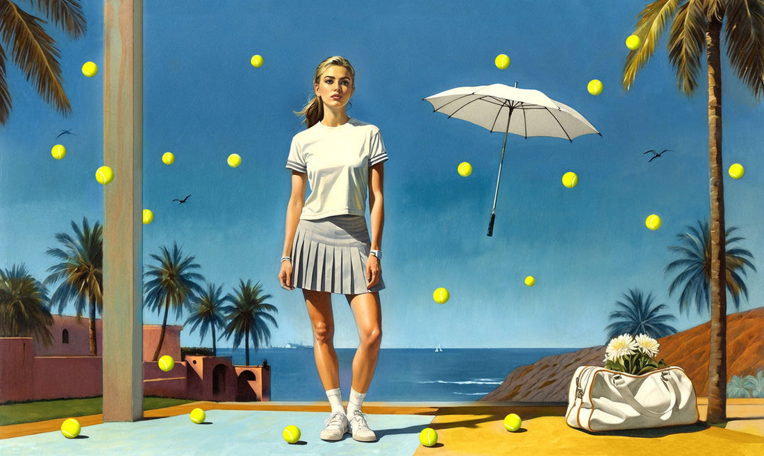 Artwork of surreal scene by seaside, raining tennis balls on a sunny day. Girl in center wears our player tee and skirt.