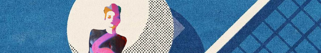 Graphic artwork of tennis court and ball on blue