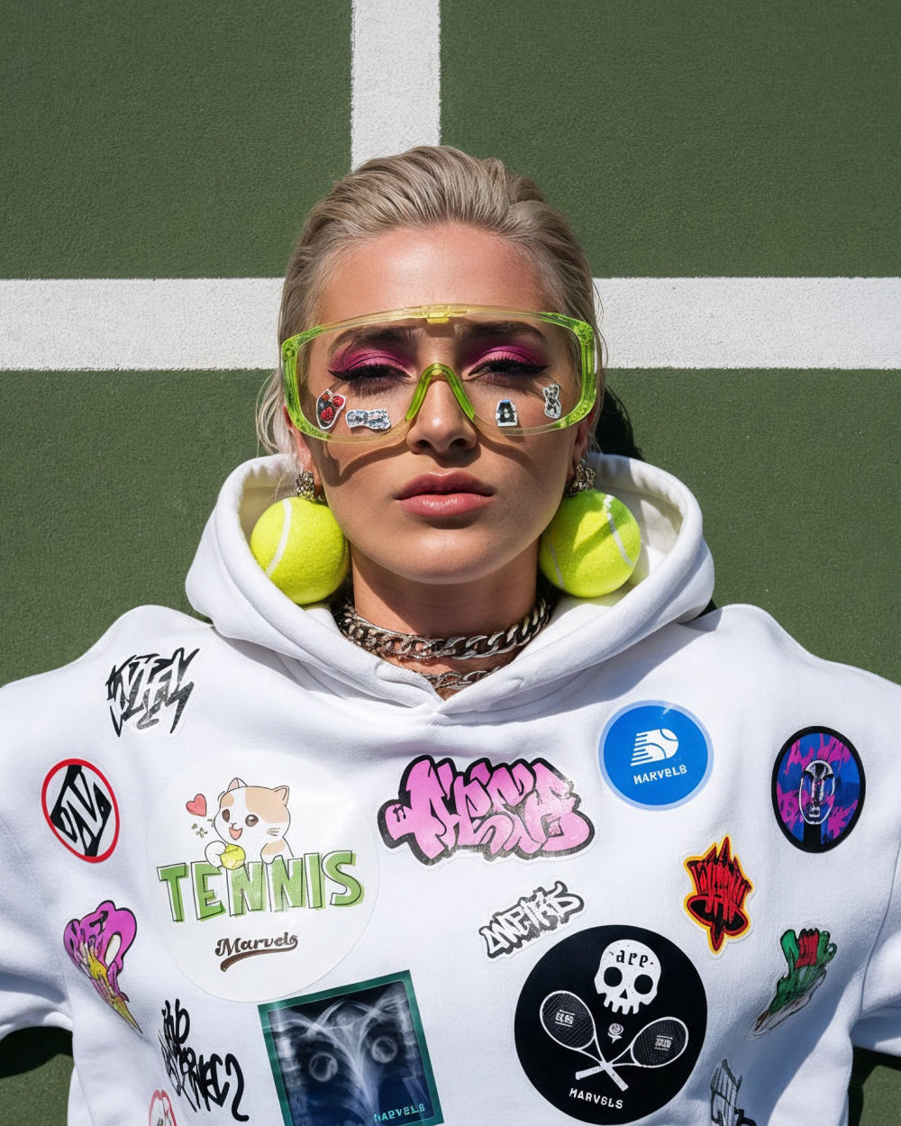 Person wearing a white hoodie with various stickers on a tennis court background