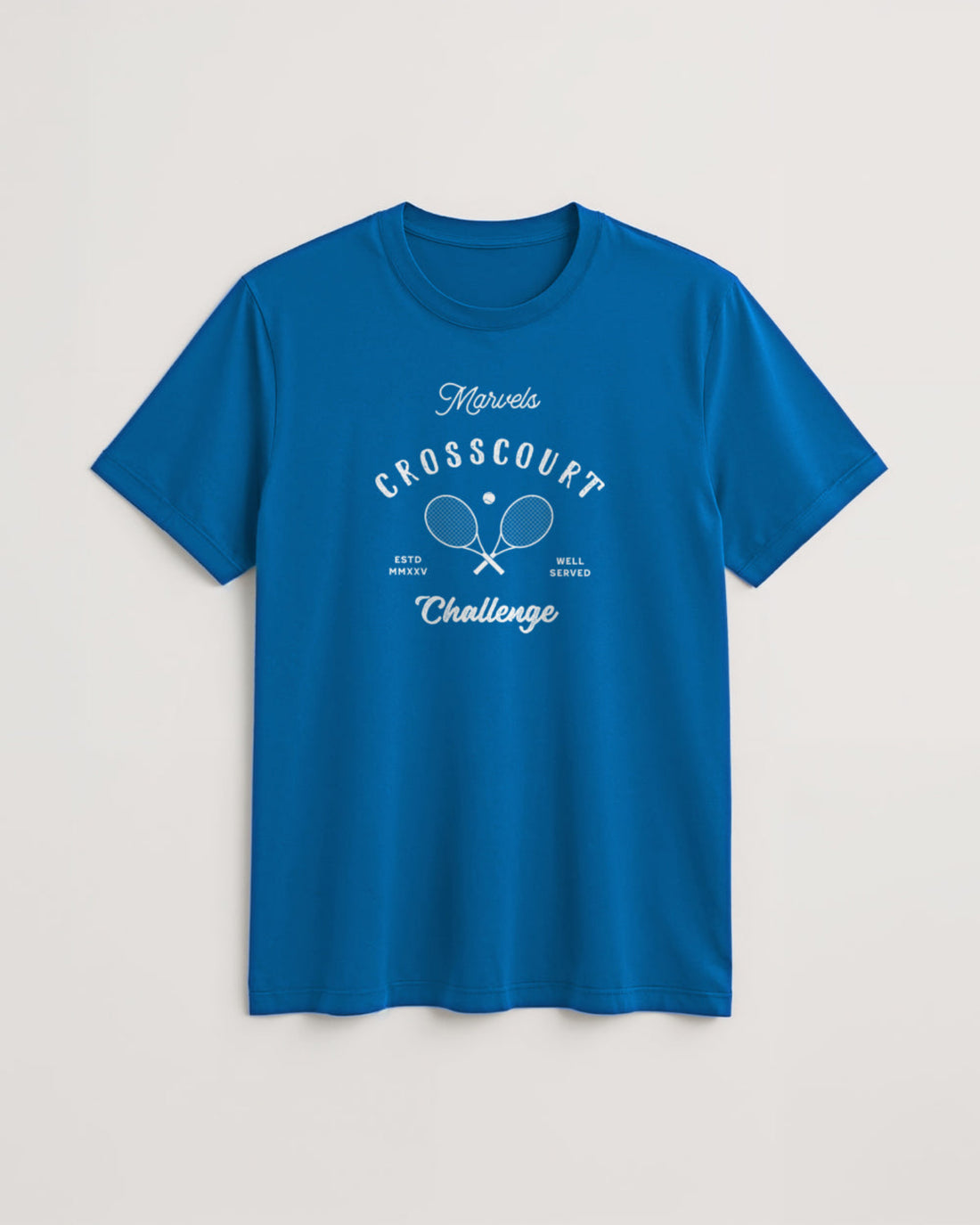 Blue t-shirt with white text and tennis graphics on a white background