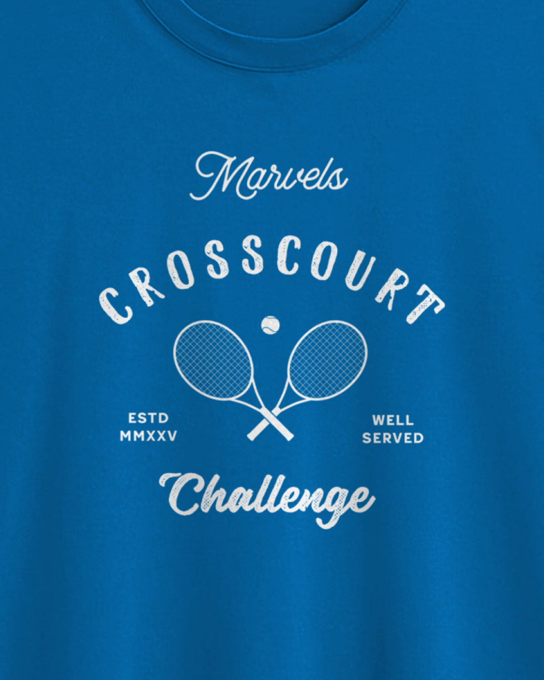 Blue t-shirt with white text and tennis racket design on a blue background