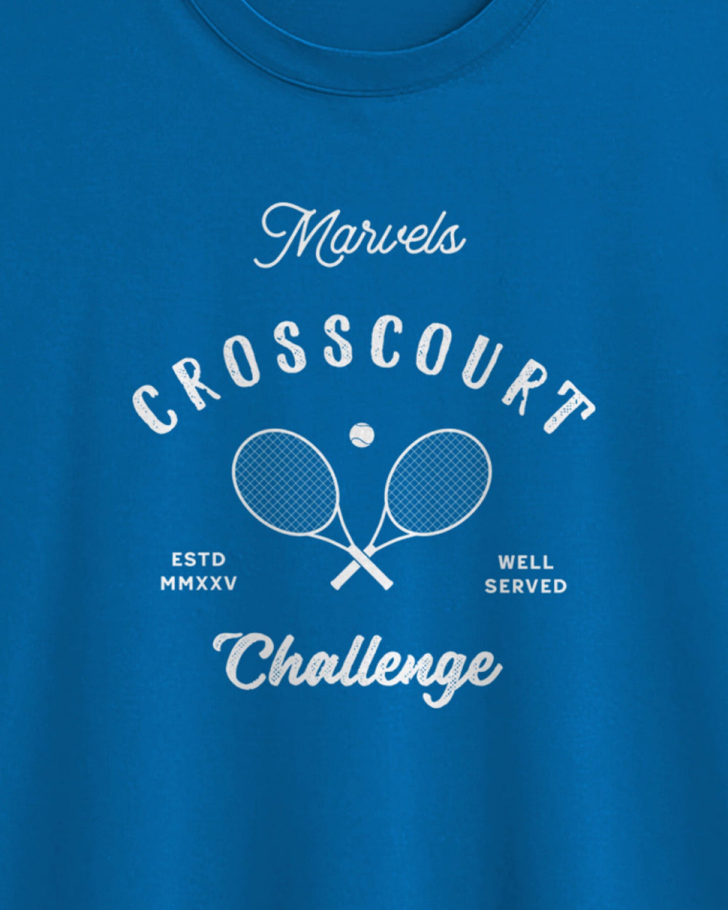 Blue t-shirt with white text and tennis racket design on a blue background