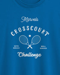 Blue t-shirt with white text and tennis racket design on a blue background