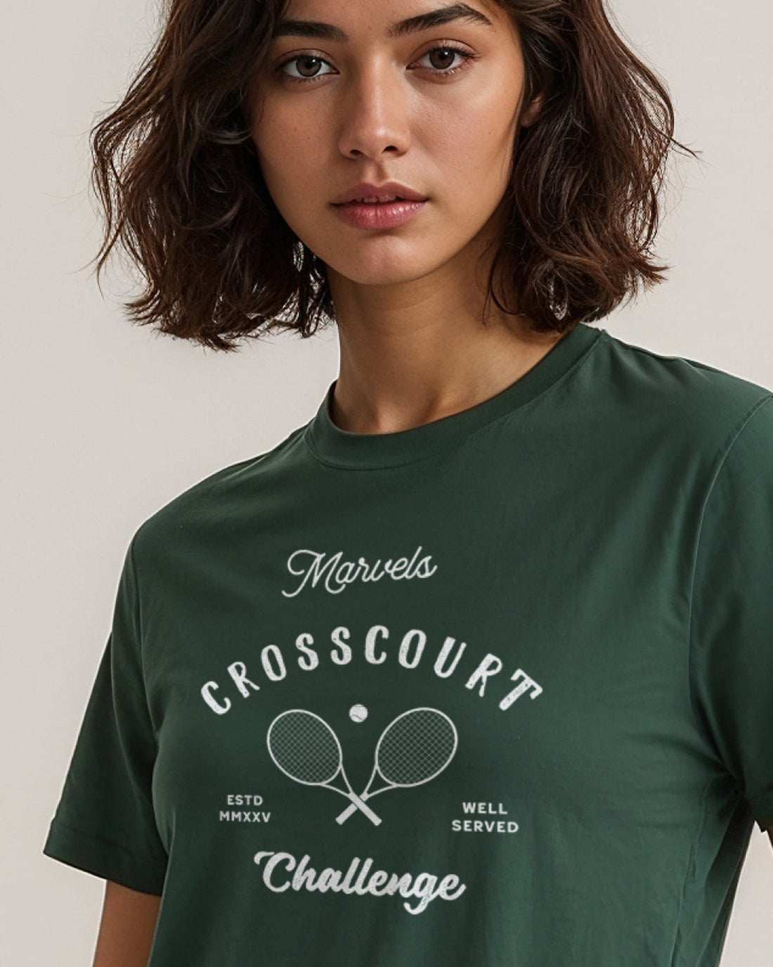 Person wearing a green t-shirt with 'Crosscourt Challenge' text and logo.
