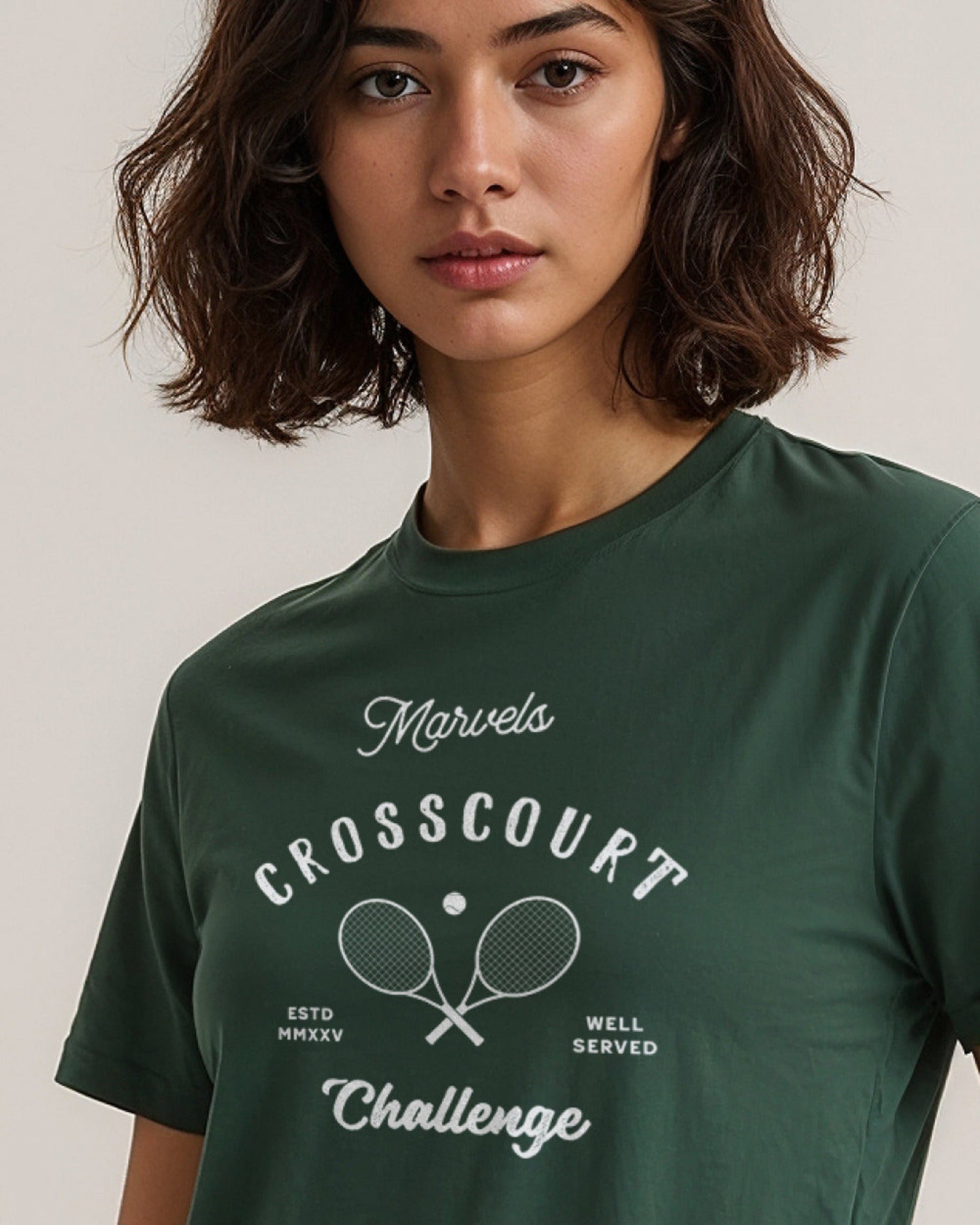 Person wearing a green t-shirt with 'Crosscourt Challenge' text and logo.