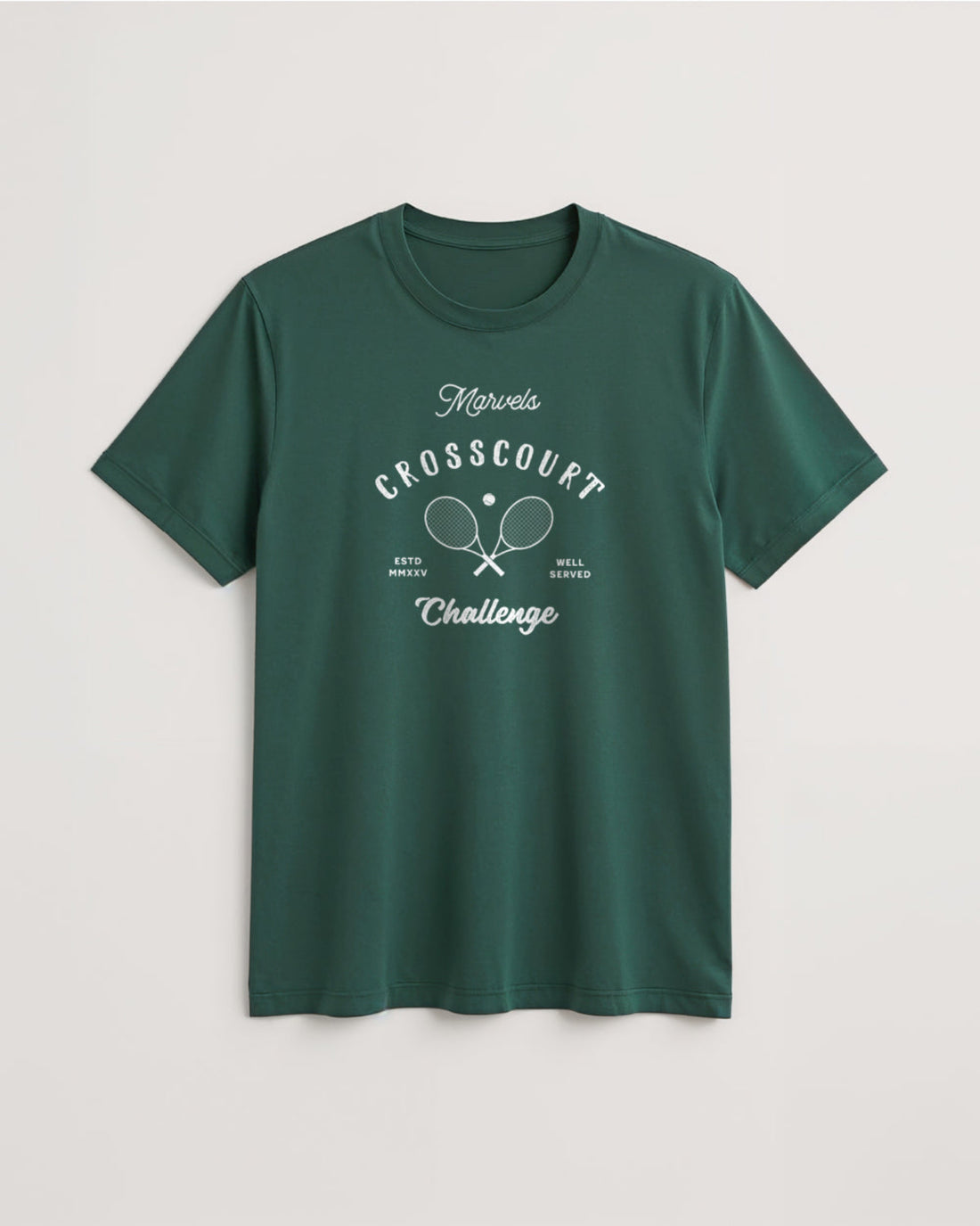 Green t-shirt with white text and graphics on a light gray background