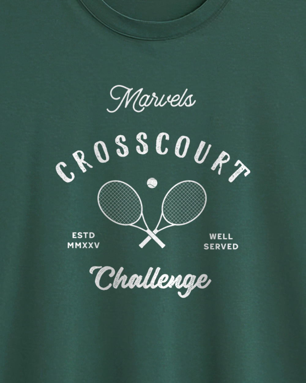 Green t-shirt with white text and tennis graphic design on a plain background