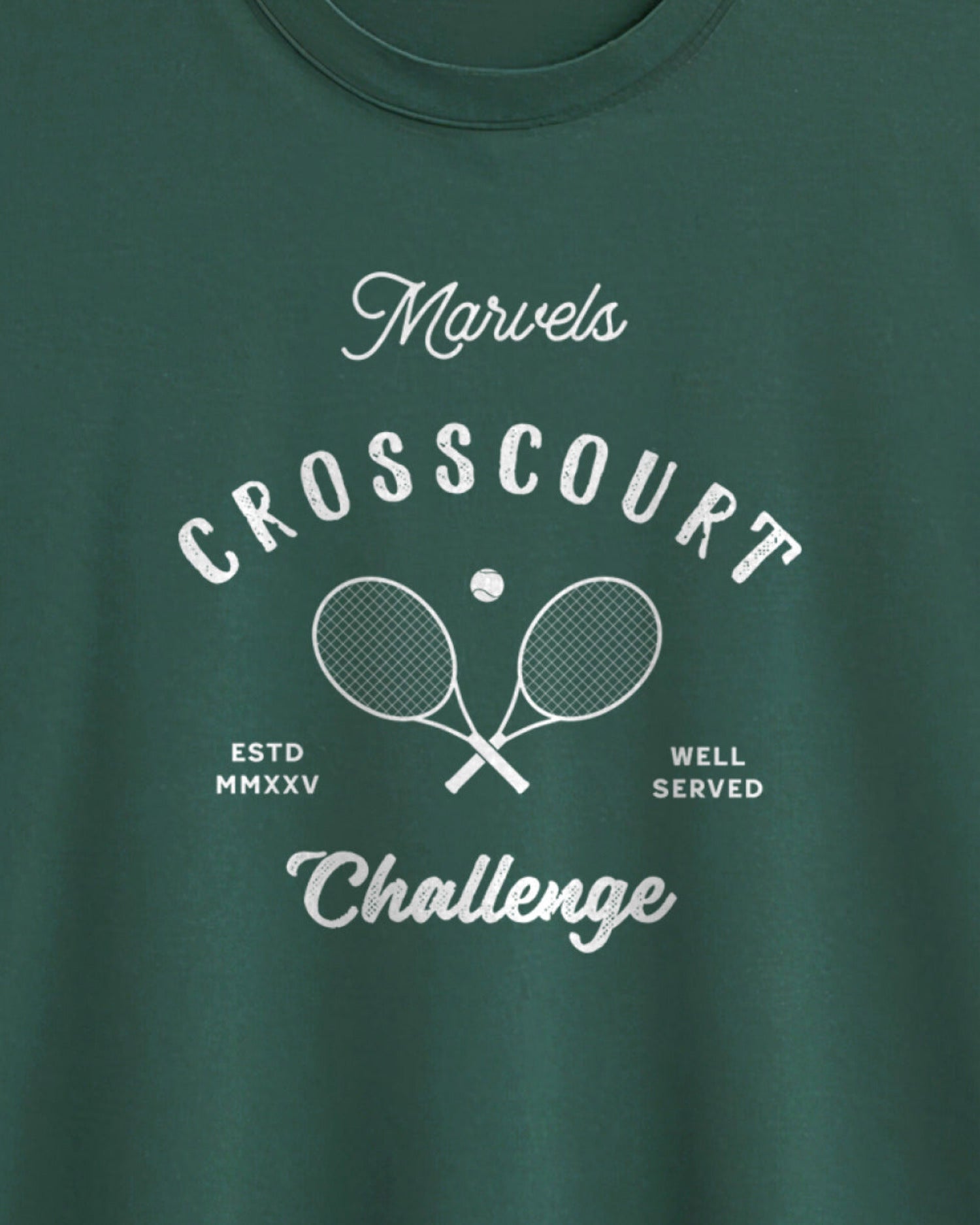 Green t-shirt with white text and tennis graphic design on a plain background