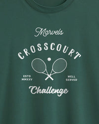 Green t-shirt with white text and tennis graphic design on a plain background