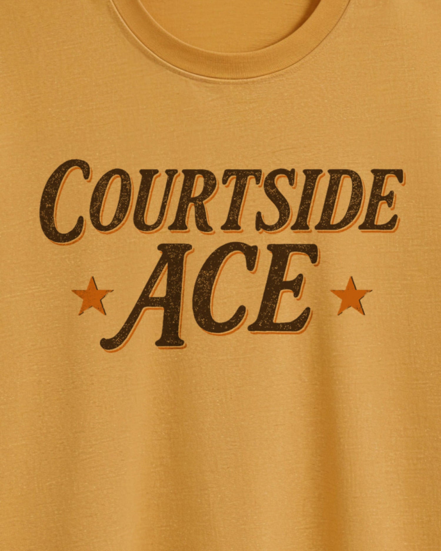 Yellow t-shirt with 'Courtside ACE' text and stars on a yellow background