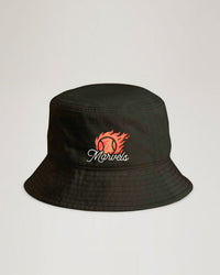 Black bucket hat with 'Marvels' logo and flaming tennis ball on a light gray background