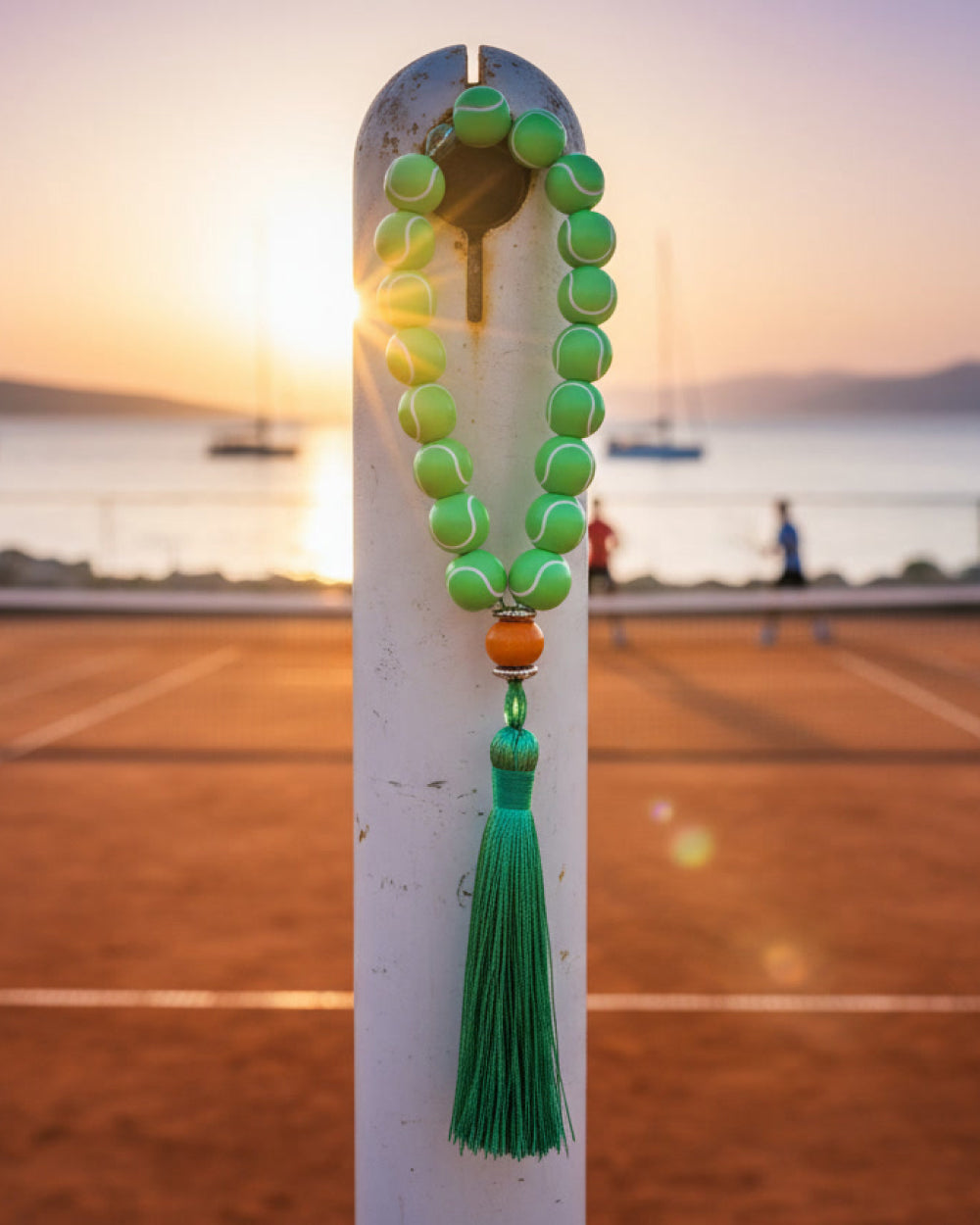 Decorative tespih prayer beads made of tennis ball beads on a pole with a blurred background of a tennis court and sunset.