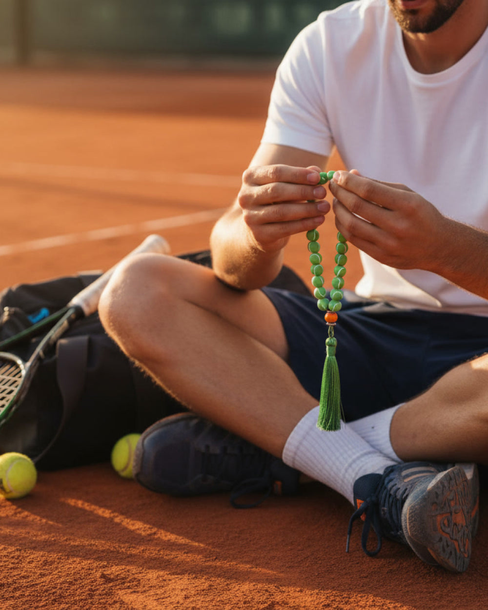 Person sitting on a tennis court reciting prayers holding a tennis-style tespih