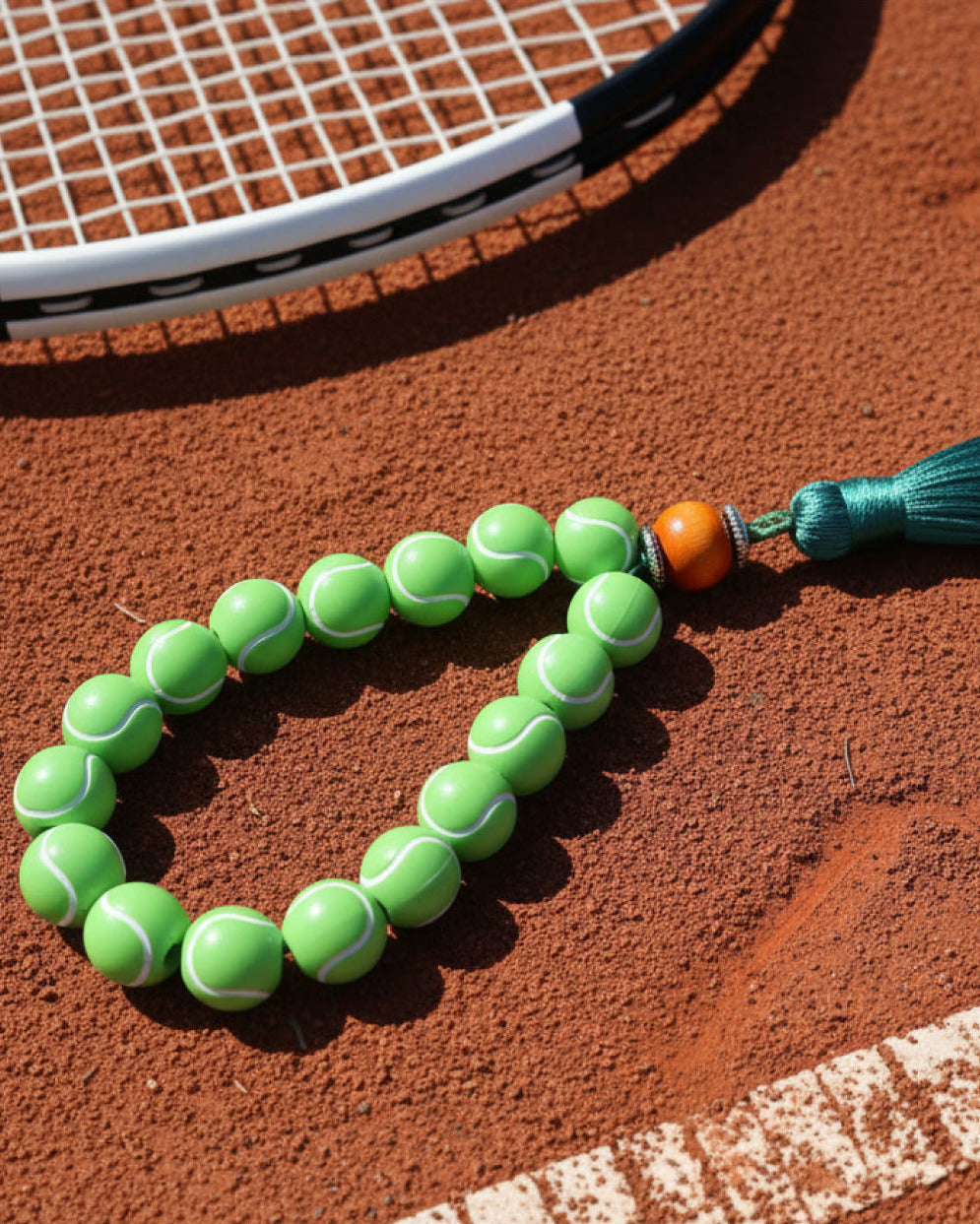 Tennis ball bracelet on a tennis court with a racket in the background