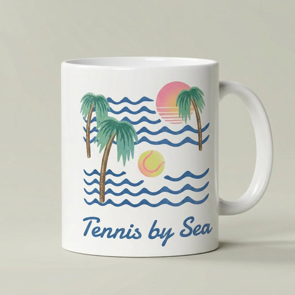 A white ceramic coffee mug with a colorful retro-style graphic of palm trees, blue ocean waves, a pink and orange sun, and a yellow tennis ball, with the text 'Tennis by Sea' printed below.