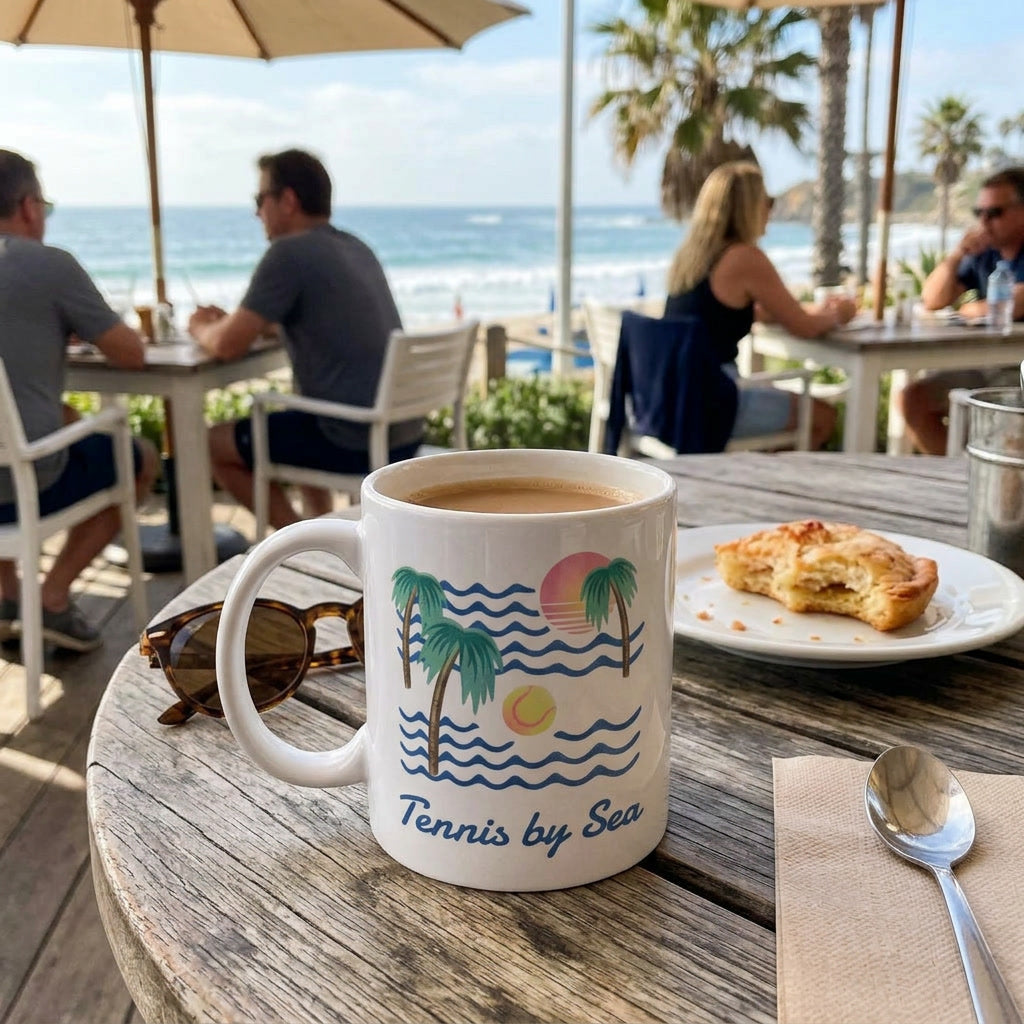 A white ceramic coffee mug with a blue and pink 'Tennis by Sea' beach graphic sits on a rustic wooden table at an outdoor beachside cafe, with people and the ocean blurred in the background.