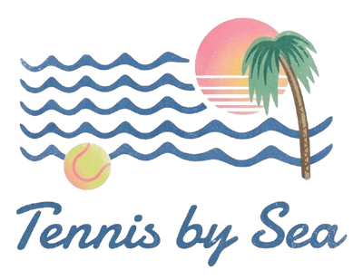 A retro-style graphic with blue ocean waves, a pink and orange sun, a palm tree, and a tennis ball above the text 