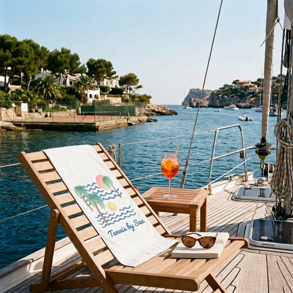 A white beach towel with a colorful palm tree and wave pattern and the text 'Tennis by Sea' is draped over a wooden lounge chair on a yacht deck, with a cocktail glass, sunglasses, and a scenic coastal marina in the background.