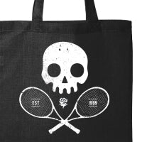 Black tote bag with a white skull and tennis rackets design thumbnail 2