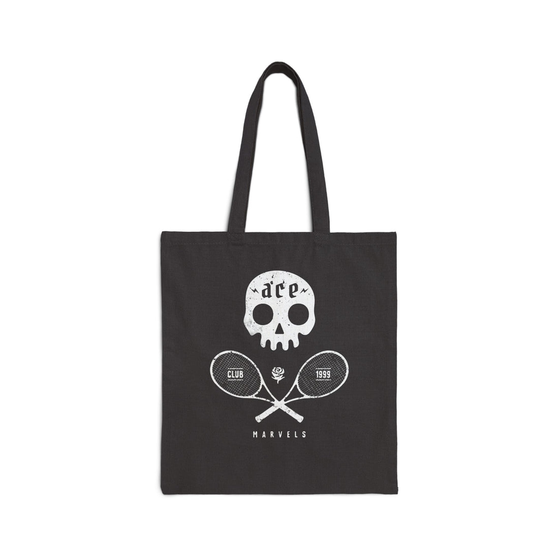Black tote bag with white skull and crossed tennis rackets design on a white background