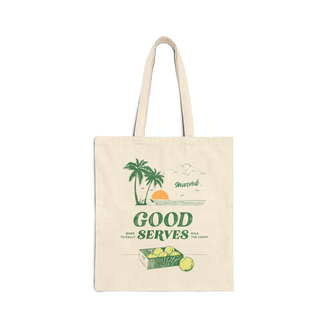 Tote bag with palm tree design and 'Good Serves' text on a white background
