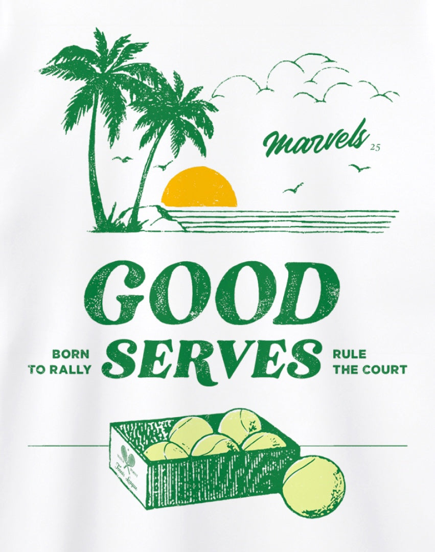 Print graphic of the Good Serves tote bag graphic in green and white.