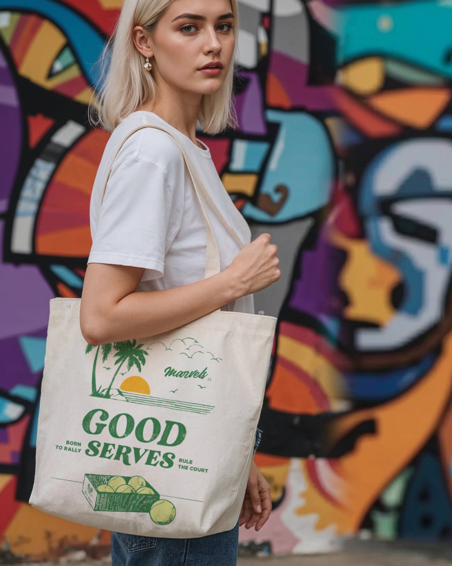 Woman holding a tote bag with 'Good Serves' branding against a colorful graffiti background mural