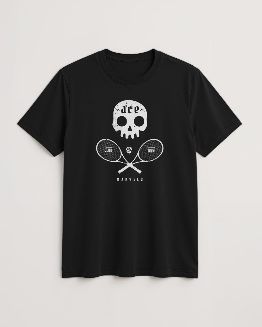 Black t-shirt with white skull and crossed tennis rackets graphic design on a light background
