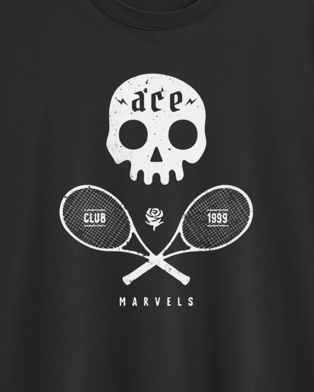 Black t-shirt with white skull and crossed tennis rackets design on a plain background
