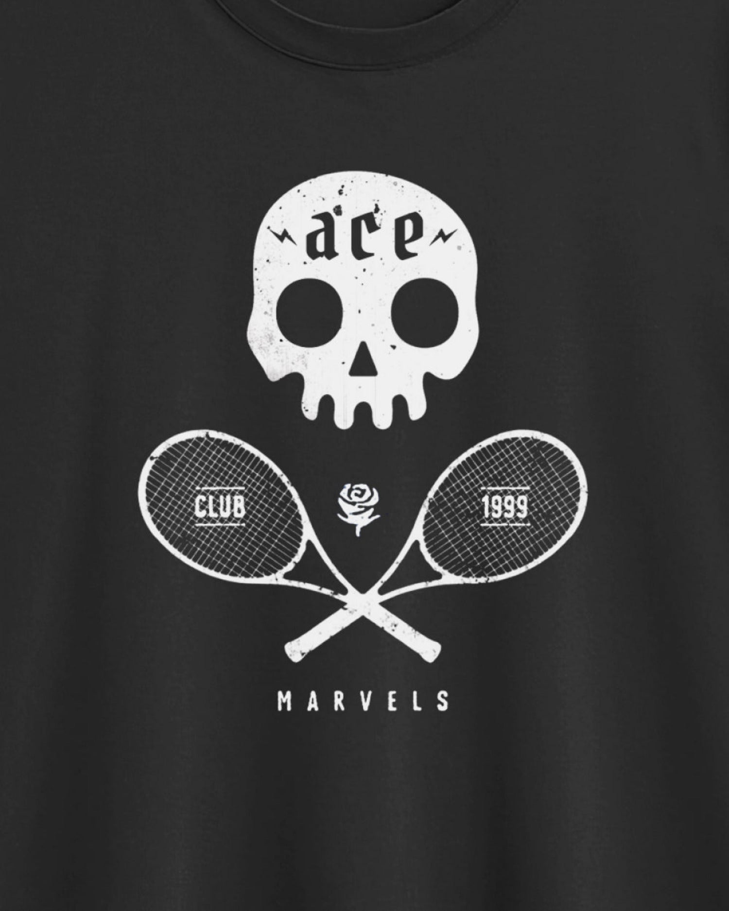 Black t-shirt with white skull and crossed tennis rackets design on a plain background